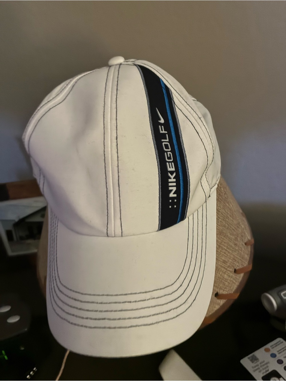 Nike White Cap with Navy and Light Blue Stripe